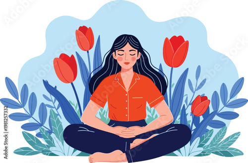 A peaceful illustration of a woman sitting in a cross-legged yoga pose, eyes closed in meditation. She is surrounded by vibrant red tulips and lush blue-toned foliage, symbolizing mental health, mindf