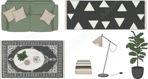 Top view vector illustration of a modern living room furniture set featuring a green sofa and rugs