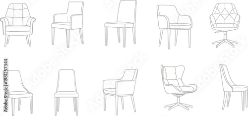 A collection of ten elegant modern chair designs presented as clean minimalist vector line art illustrations for interior design