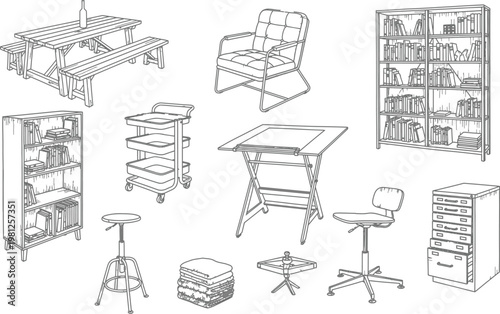Hand drawn collection of various office and home furniture items including bookshelves chairs tables and storage units