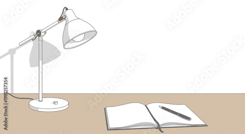 Desk lamp on wooden table with open notebook and pen isolated on white background vector