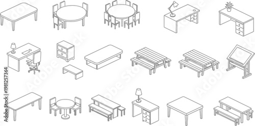 A comprehensive collection of isometric furniture icons featuring various tables desks benches and chairs for interior design projects