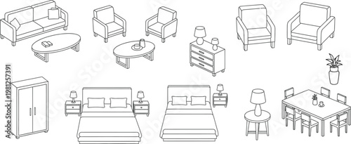 Set of isometric furniture icons featuring sofas beds tables chairs and storage units in a clean minimalist line art style