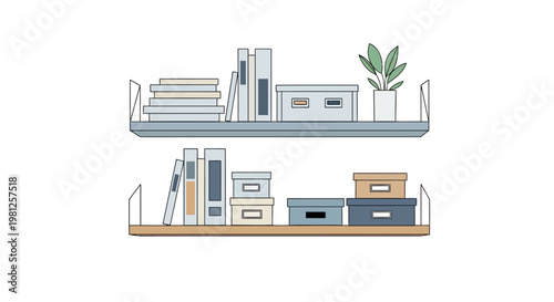 Vector illustration of two shelves with books and storage boxes on white background