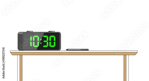 Digital alarm clock on wooden desk with green display showing 10:30