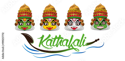 Kathakali Kerala Cultural Dance Faces Vector Illustration, Traditional Indian Festival Art, Kerala Culture Icon Design