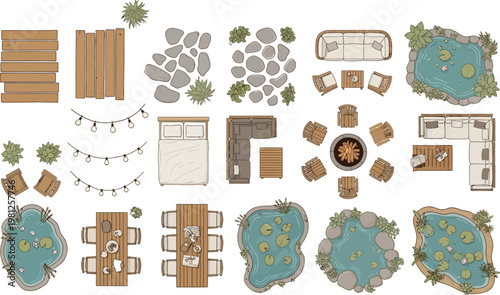 Top View Garden Landscape Design Elements Set Featuring Ponds Furniture Decking And Decorative Lighting For Architectural Planning