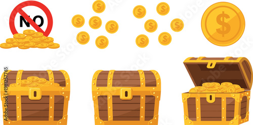 Treasure Chest and Gold Coins Illustration Set with Wealth Money Symbols No Sign and Cartoon Pirate Treasure Elements Collection