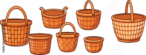 Wicker Basket Collection Set with Different Wooden Weave Containers and Handcrafted Storage Bins in Rustic Cartoon Style Illustration