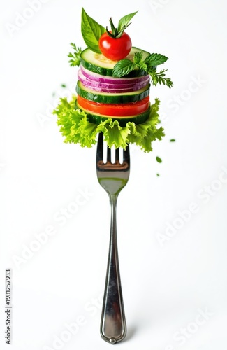Fork with stacked fresh vegetables in layers. Stacked salad includes lettuce, tomato, cucumber, red onion, basil, mint garnish. Healthy meal prep for good diet. Bright colors, clean eating.