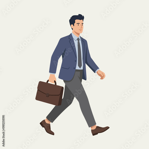 Confident businessman in a sharp suit walking purposefully with a briefcase, embodying professional determination and a successful corporate journey