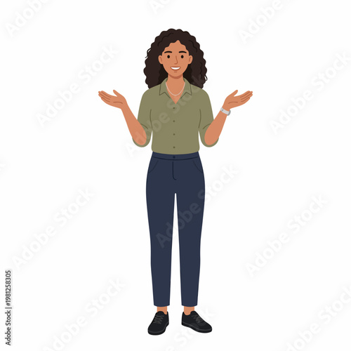 Vibrant vector illustration of a young adult woman standing with open hands, conveying a sense of questioning, presentation, or an inviting gesture in a friendly and approachable manner