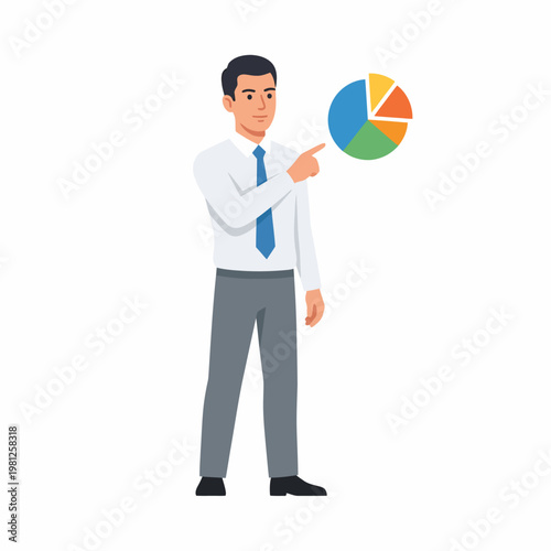 Businessman pointing at a pie chart, illustrating financial growth and data analysis for business strategy and market trends