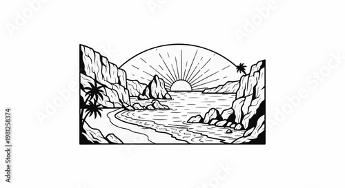 Coastal sunrise over ocean with rocky shore and palm trees