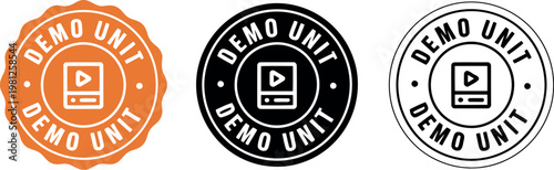 Demo Unit Badge Icons Set – Vector Emblem Labels in Orange, Black, and Outline Styles for Product Promotion