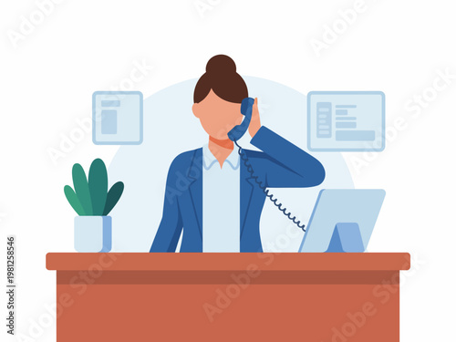 Female receptionist or customer service operator talking on the phone at office desk, flat vector illustration of administrative assistant and call center support