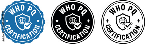 WHO PQ Certification Badge Vector Set – Blue, Black, and White Quality Assurance Icons for Official Documents