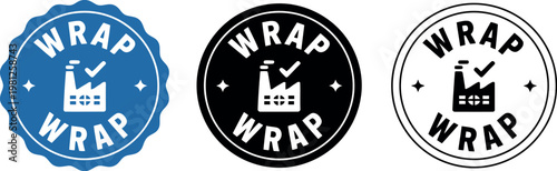 WRAP certified factory badge icons set in blue, black, and white for ethical manufacturing and compliance