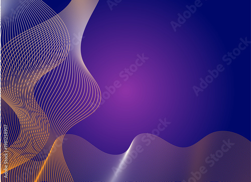 Elegant abstract purple background with golden flowing line waves and gradient glow