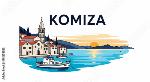 Coastal town with a bell tower, houses, boats, and a sunset over the sea