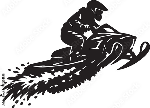 extreme snowmobile rider wearing full helmet performing high jump with snow spray, dynamic action art, sticker design silhouette vector