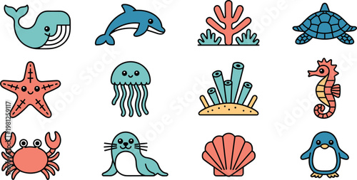 Cute sea animal vector icon set featuring whale dolphin turtle starfish jellyfish seahorse crab seal penguin and coral reef