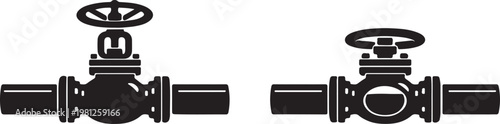 silhouette Vector pipe fitting symbol silhouette. Water, oil or gas pipeline with fittings and valves. Pipeline and black tap, open, close. Globe valve icon vector