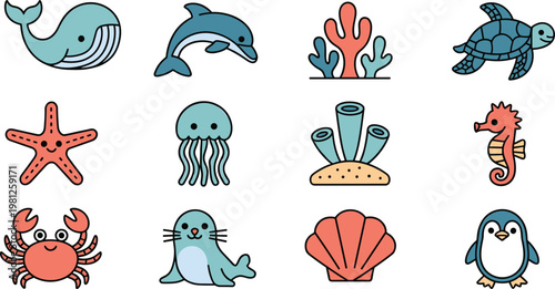 Cute sea animal vector icon set featuring whale dolphin turtle starfish jellyfish seahorse crab seal penguin and coral reef