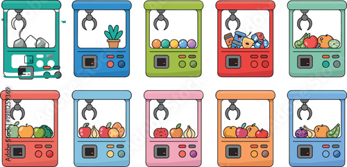 Retro claw machine arcade game vector icon set featuring prizes like fruit plants and colorful balls for gaming
