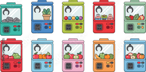 Retro claw machine arcade game vector icon set featuring prizes like fruit plants and colorful balls for gaming