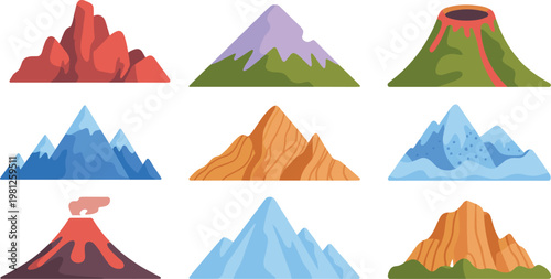 Mountain and volcano vector icon set featuring snow capped peaks lava eruptions red rocks and hills for outdoor adventure,
