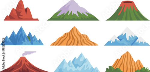 Mountain and volcano vector icon set featuring snow capped peaks lava eruptions red rocks and hills for outdoor adventure