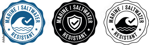 Marine Saltwater Resistant Badge Icons Set – Waterproof Guarantee Labels for Packaging and Branding