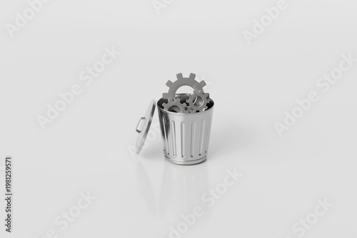 3d recycle bin with gears icon. system cleanup concept. minimal cartoon trash can cogwheels for maintenance app. isolated on white transparent background. 3d render.