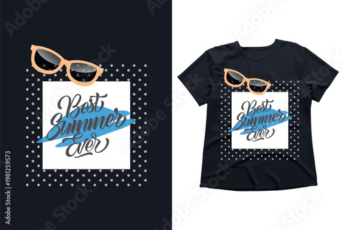 Best Summer Ever Typography with Sunglasses, Retro Polka Dot Graphic for T-shirt Design, Minimalist Summer Quote Poster, Hand-drawn Lettering Illustration