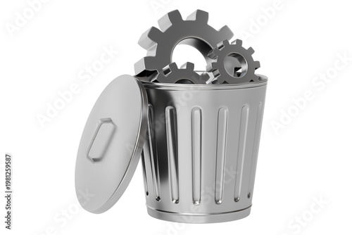 3d recycle bin with gears icon. system cleanup concept. minimal cartoon trash can cogwheels for maintenance app. isolated on white transparent background. 3d render.