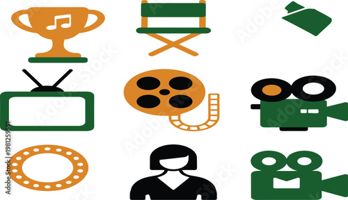 Cinema and movie production vector icon set featuring film reel camera director chair trophy and spotlight for media entertainment
