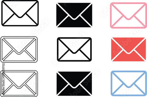 Quadro su tela Email envelope vector icon set featuring various styles including outline solid