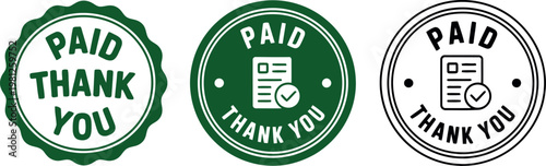 Paid Thank You Stamp Icons Set – Green and Black Vector Badges for Invoice and Payment Confirmation