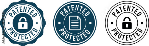 Patented Protected Badge Icons Set – Secure Intellectual Property Vector Emblems for Legal and Business Use