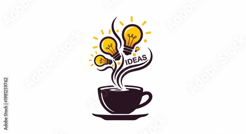 Coffee cup steaming with light bulbs and the word "IDEAS