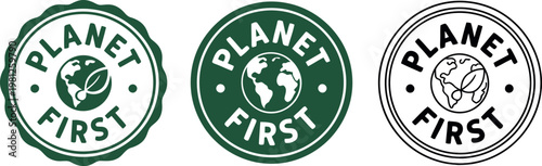 Planet First eco-friendly badge set with earth and leaf icons for sustainable product labeling and branding