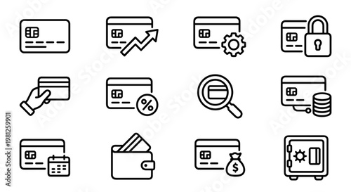 Business finance credit card icons outline set with payment security banking transaction minimal style isolated background concept of fintech service