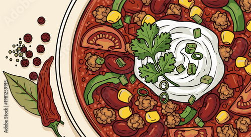 Close-up illustration of a hearty chili with toppings and spices
