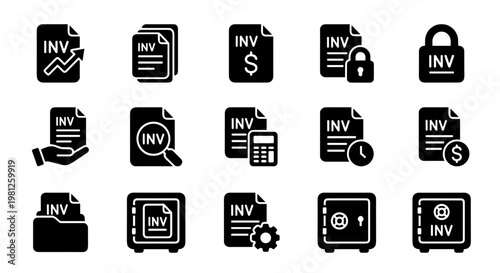 Business finance invoice document icons filled black set with billing payment accounting report isolated background concept of bookkeeping system