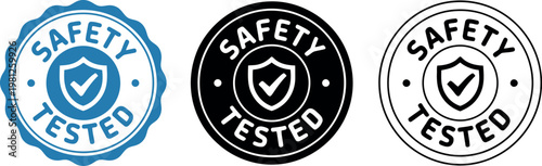 Safety Tested Badge Icons Set – Certified Quality Assurance Labels with Shield and Checkmark Vector
