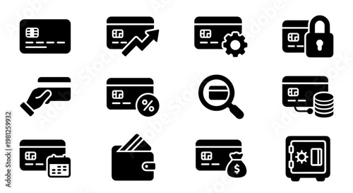 Business finance credit card icons filled black set with payment security banking transaction isolated background concept of cashless economy