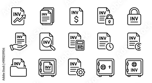 Business finance invoice document icons outline set with billing payment accounting report minimal style isolated background concept of financial records