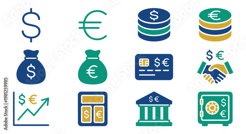 Business finance dollar and euro icons colorful set with currency exchange banking money isolated on white background concept of global economy