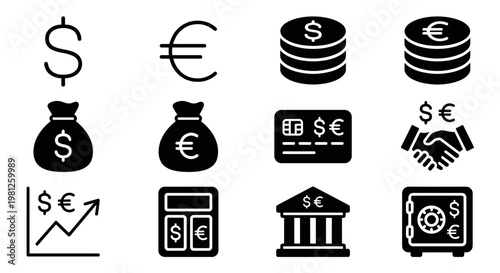 Business finance dollar and euro icons filled black set with currency exchange banking money isolated background concept of financial market